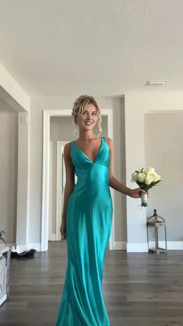 Weitese Dress Blue Elegant V Neck Long Satin Ball Gown Evening Dress Wedding Guest Party Dress Prom Dress